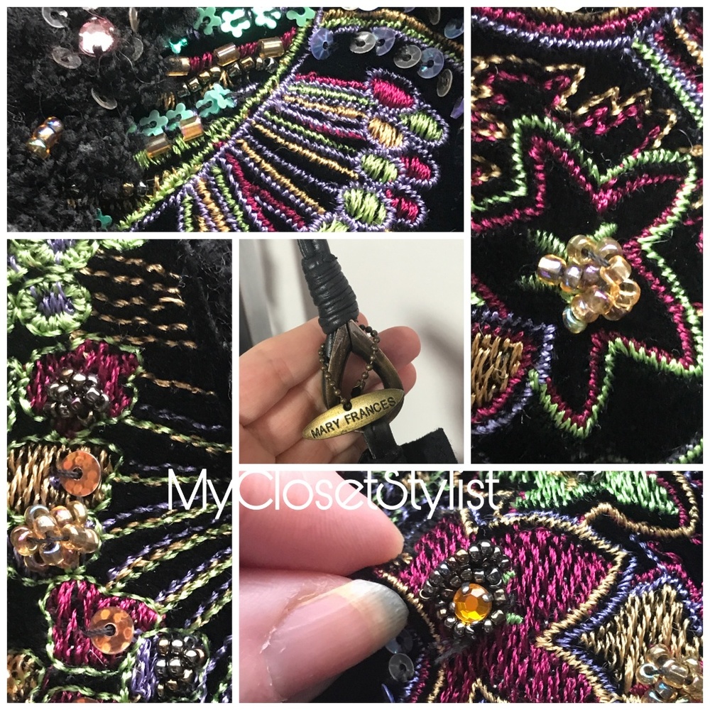 New MARY FRANCES Embroidered Black Beaded Fringe Purse! black purple - Picture 4 of 10